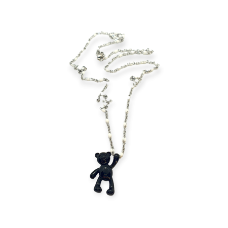 necklace silverchain with white beads and black bear